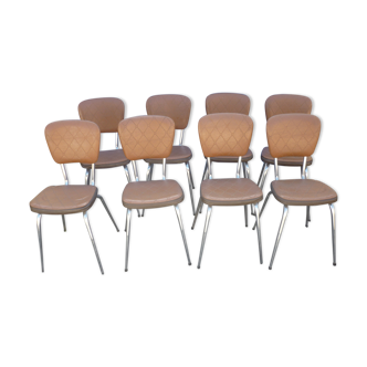 Lot of 8 vintage chairs in brown skai