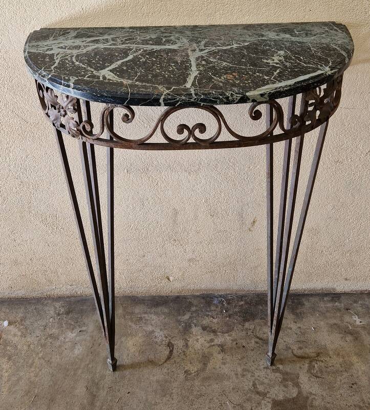 Half moon console - Wrought iron and green marble top - Design 1940