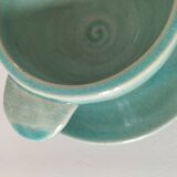 Earthenware bowl and saucer in glazed water green ceramic.