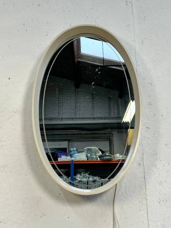 Vintage Oval Mirror with Lighting in Wooden Frame, Hillebrand Germany 1970s