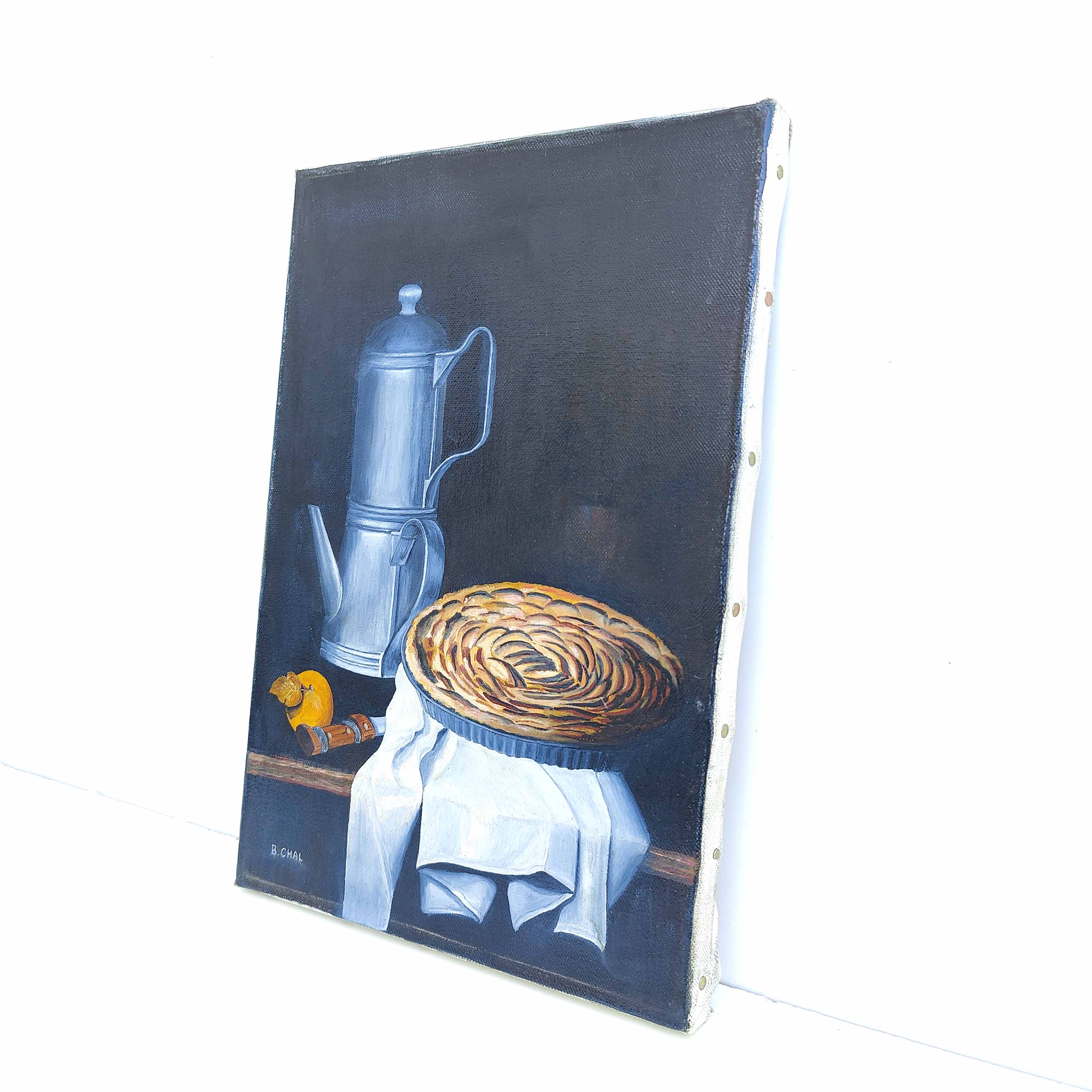 Painting canvas still life coffee maker country apple pie