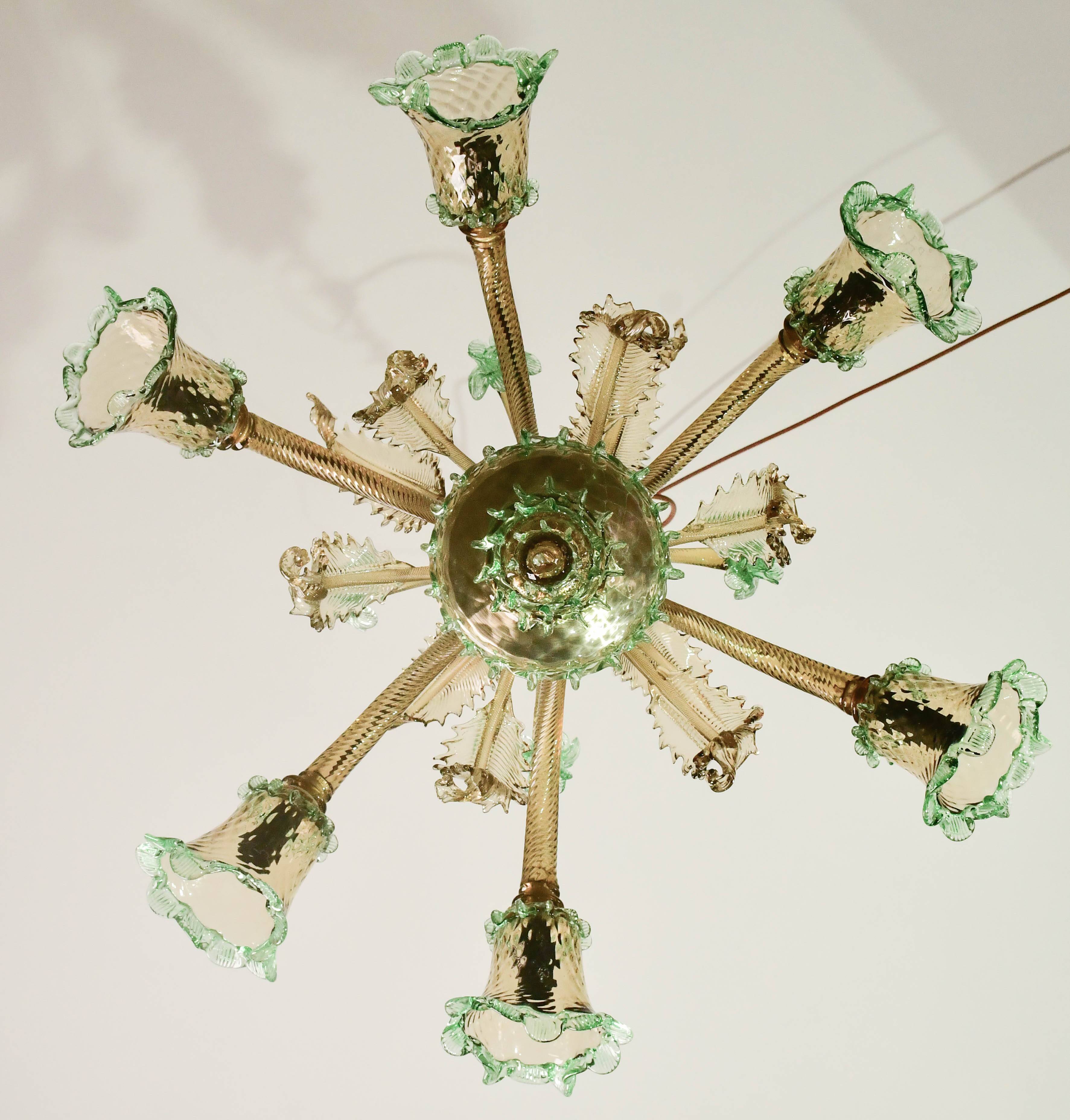 6 arms vintage Venetian chandelier, green Murano glass, 1950s