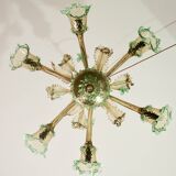 6 arms vintage Venetian chandelier, green Murano glass, 1950s