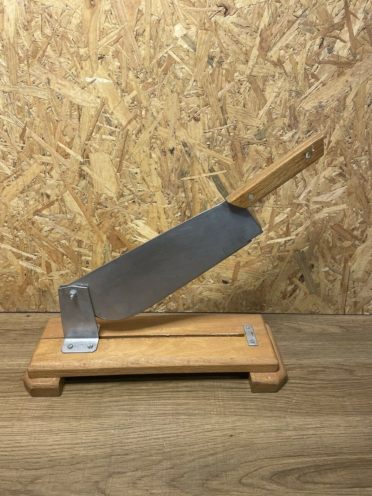 Antique bread cut, stainless steel blade, wooden base, vintage chic countryside