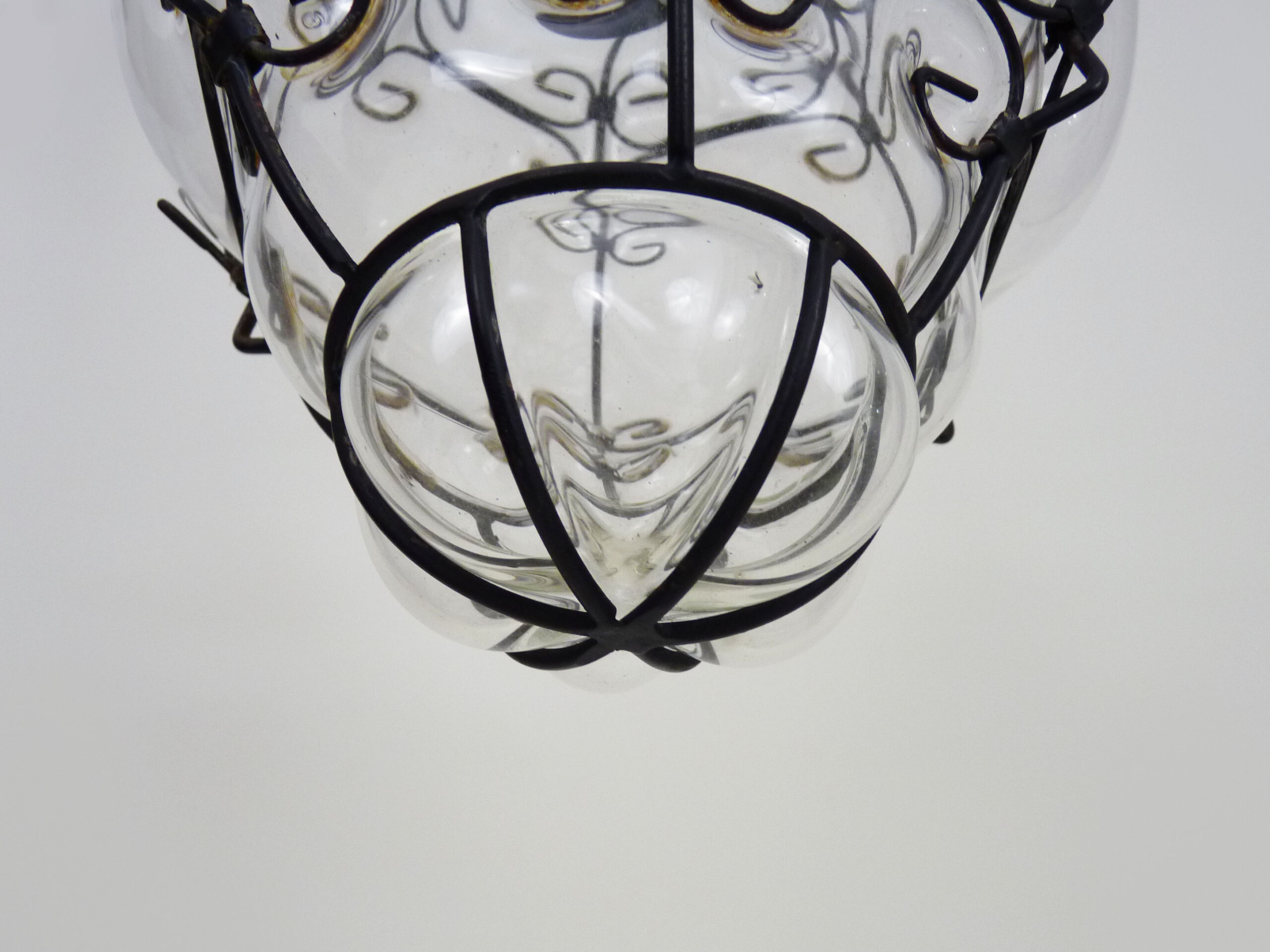 Venetian cage chandelier in transparent blown glass and wrought iron