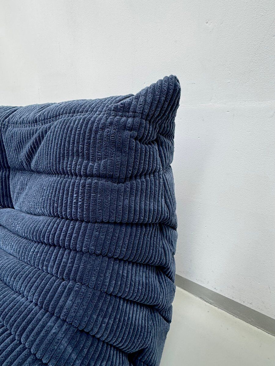 French Togo 2-seater sofa in blue corduroy attributed to Michel Ducaroy for Ligne Roset, 1970s