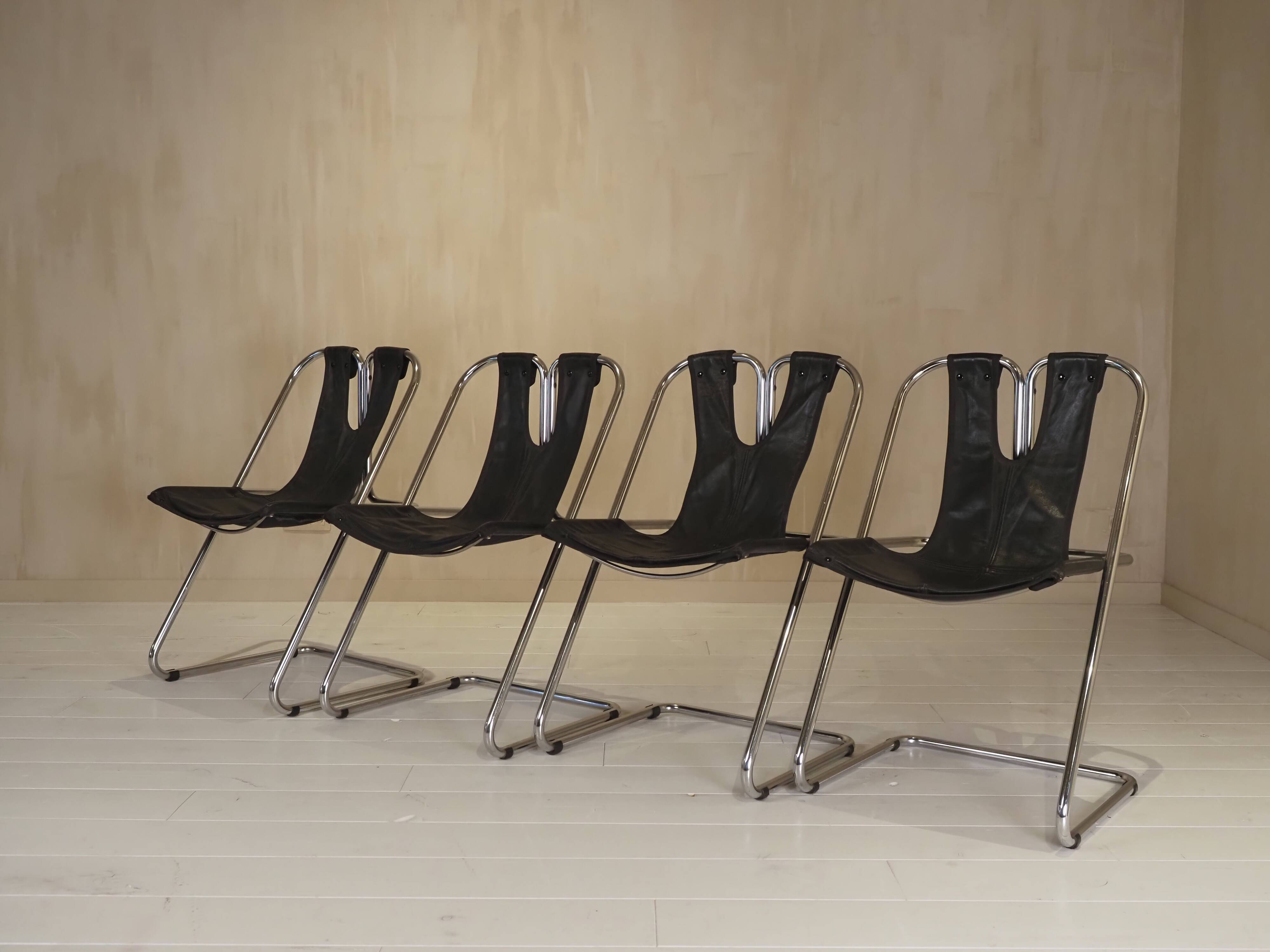 Set of 4 leather and chrome chairs from the 1960s