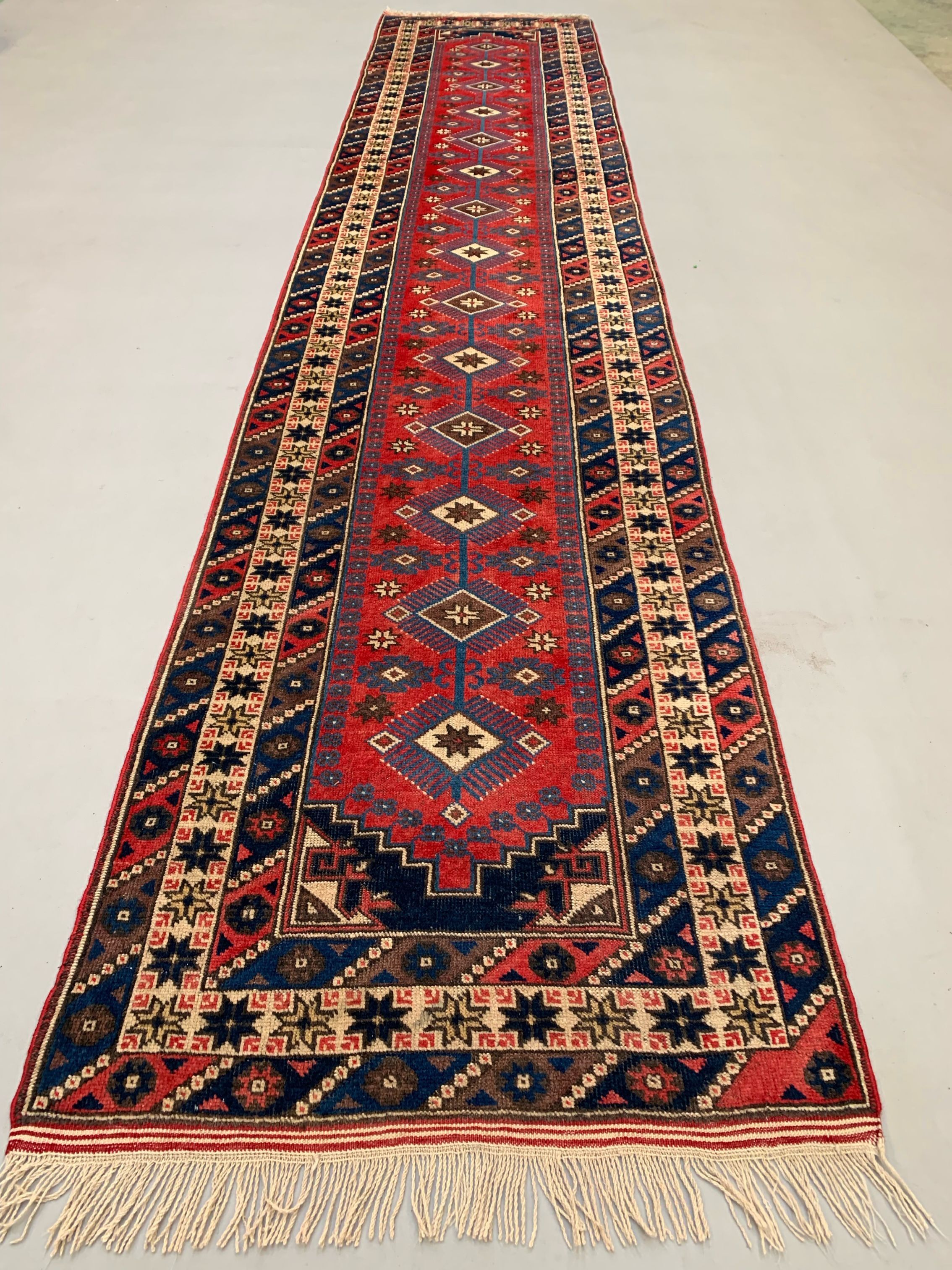 Turkish runner 475x97 cm tribal rug, red, beige, blue, vintage
