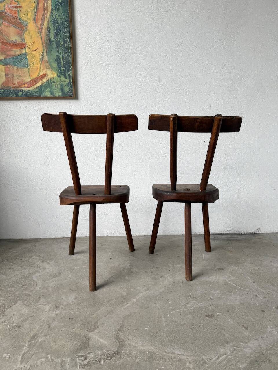 Pair of Savoyard tripod chairs, folk art, oak.