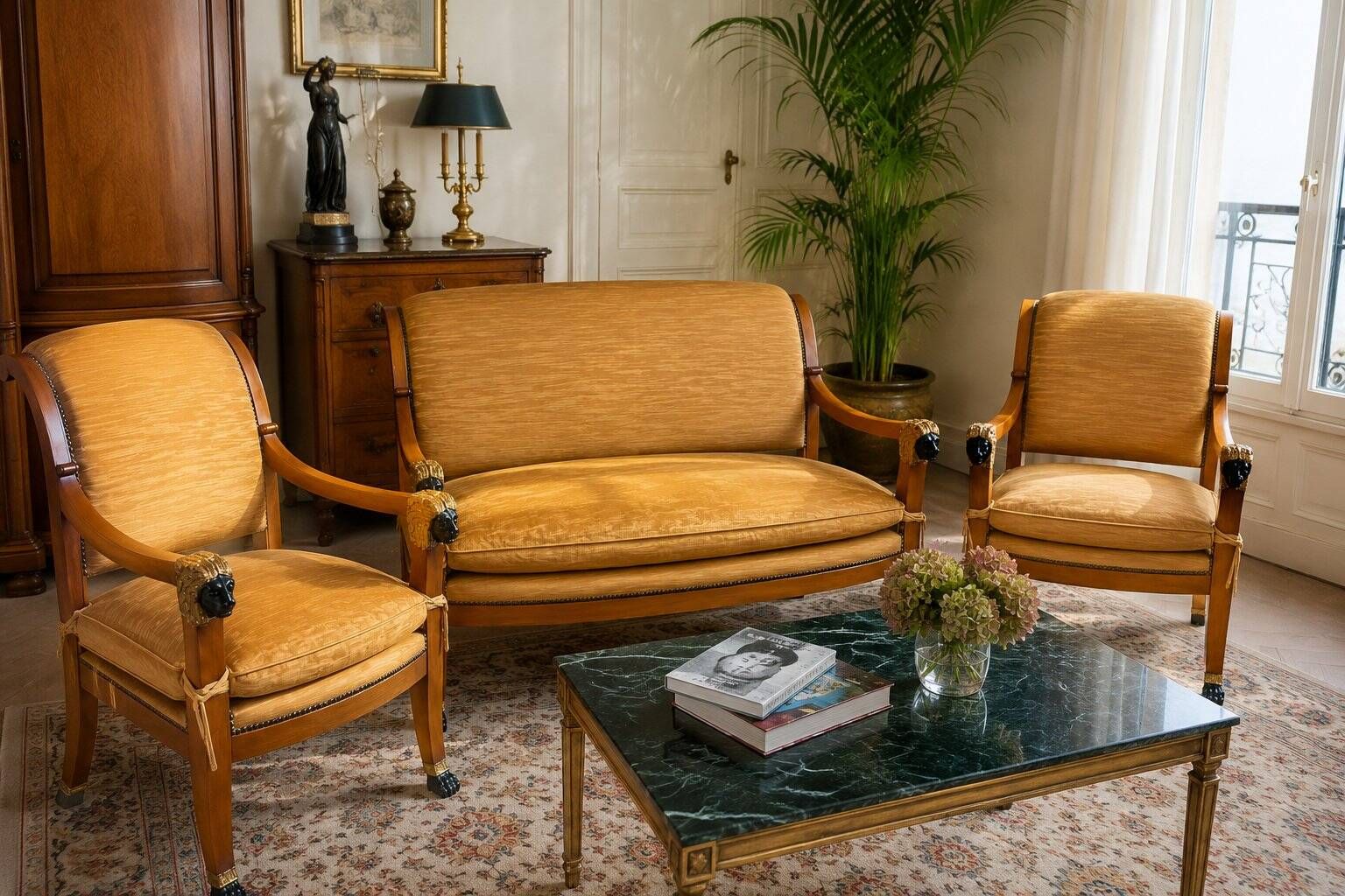 Neoclassical canapé and conversation chairs by Maison Rémy, Paris, France, 1986, set of 3.