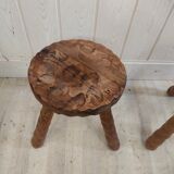 Pair of brutalist hardwood tripod stools solid wood