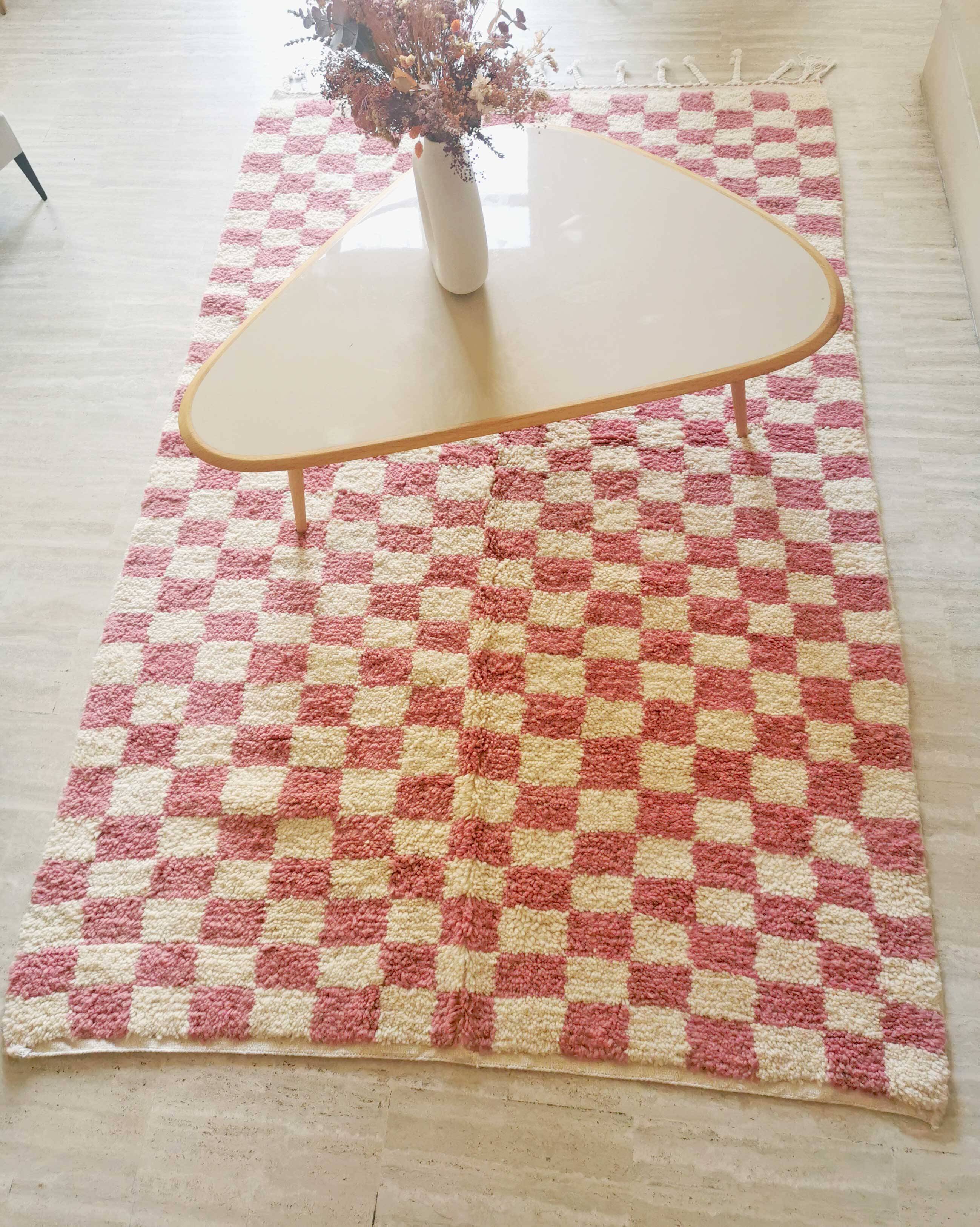 Pink and white checkered Beni Ouarain Berber rug
