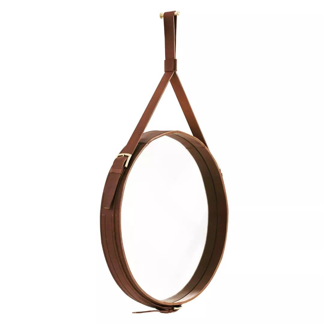 Handmade J. Adnet style mirror in brown vegetable-tanned leather, ø 45 cm