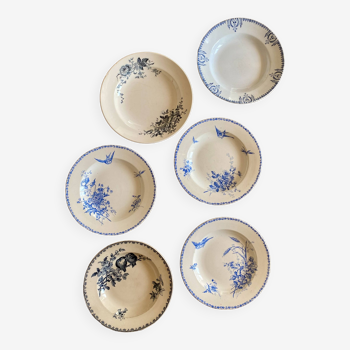 Set of 6 vintage iron earthenware soup plates, mismatched models