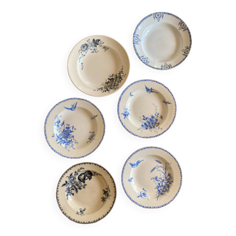 Set of 6 vintage iron earthenware soup plates, mismatched models