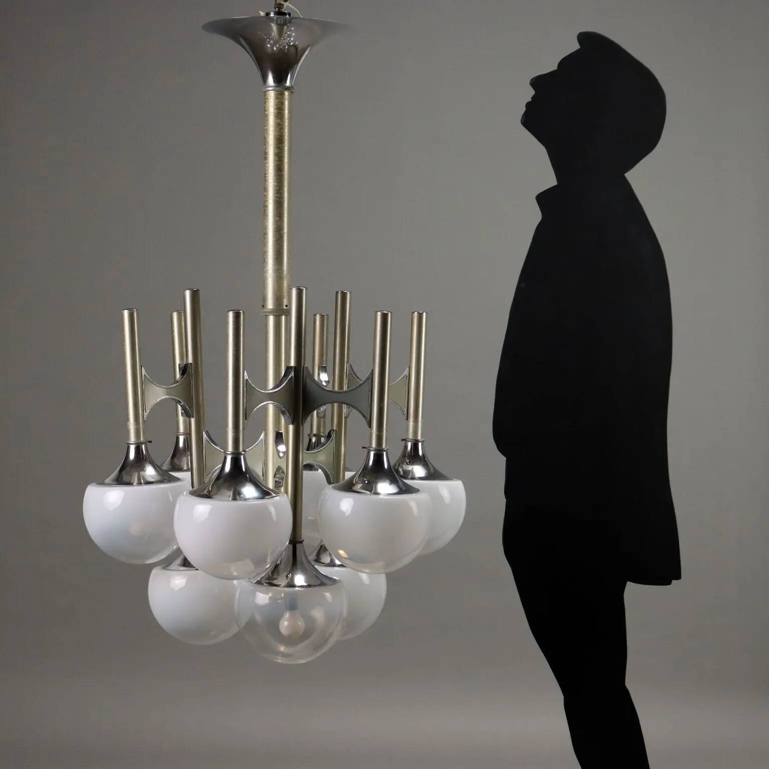 Vintage lacquered steel chandelier with glass spheres, Italy, 1960s-1970s.