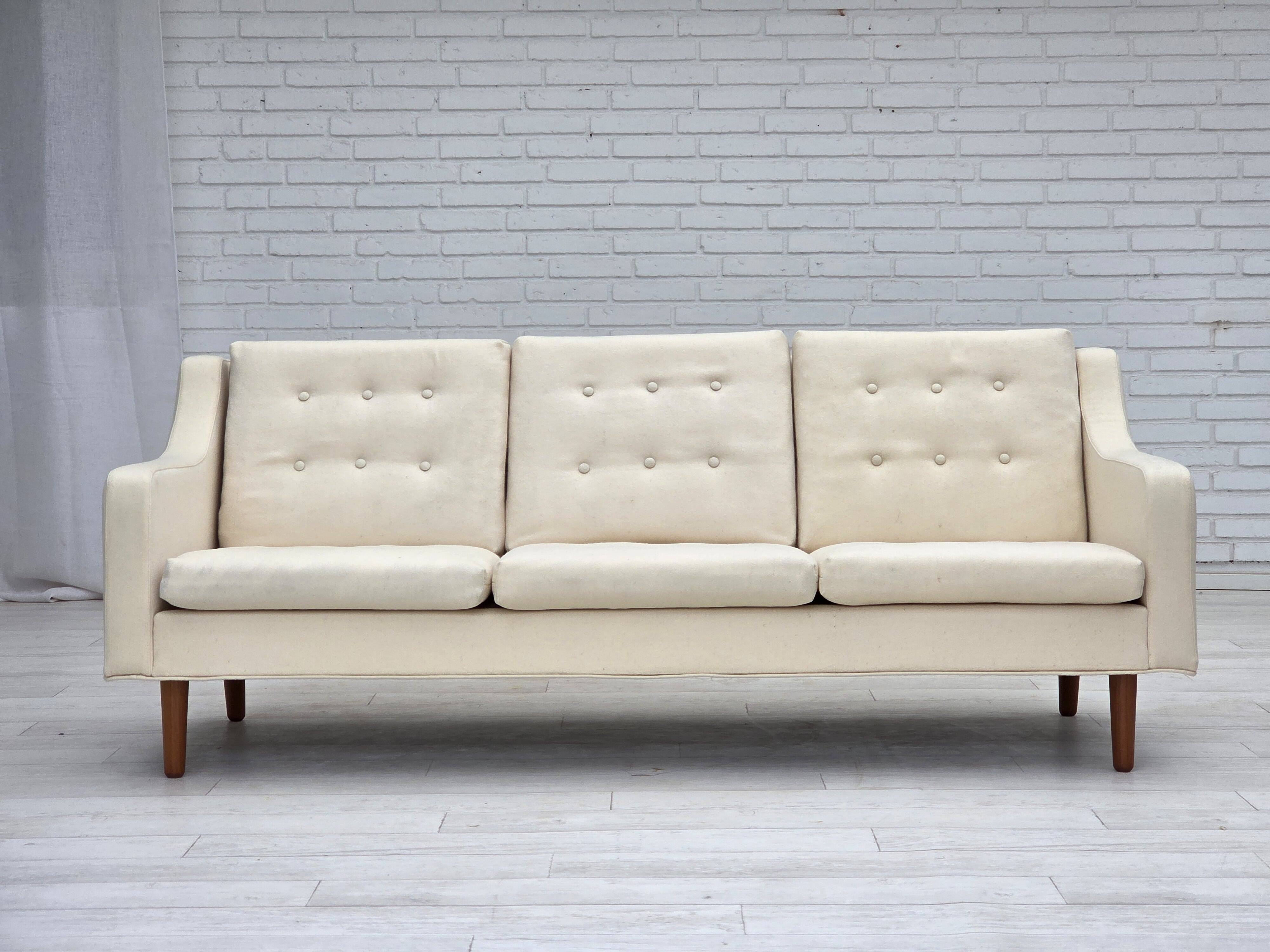 1970s, 3-seater Danish sofa, beige/white furniture wool, teak wood legs.