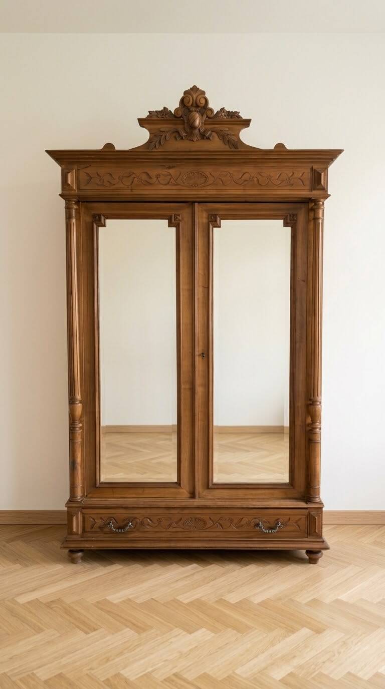 Antique wardrobe with 2 mirror doors in polished wood.