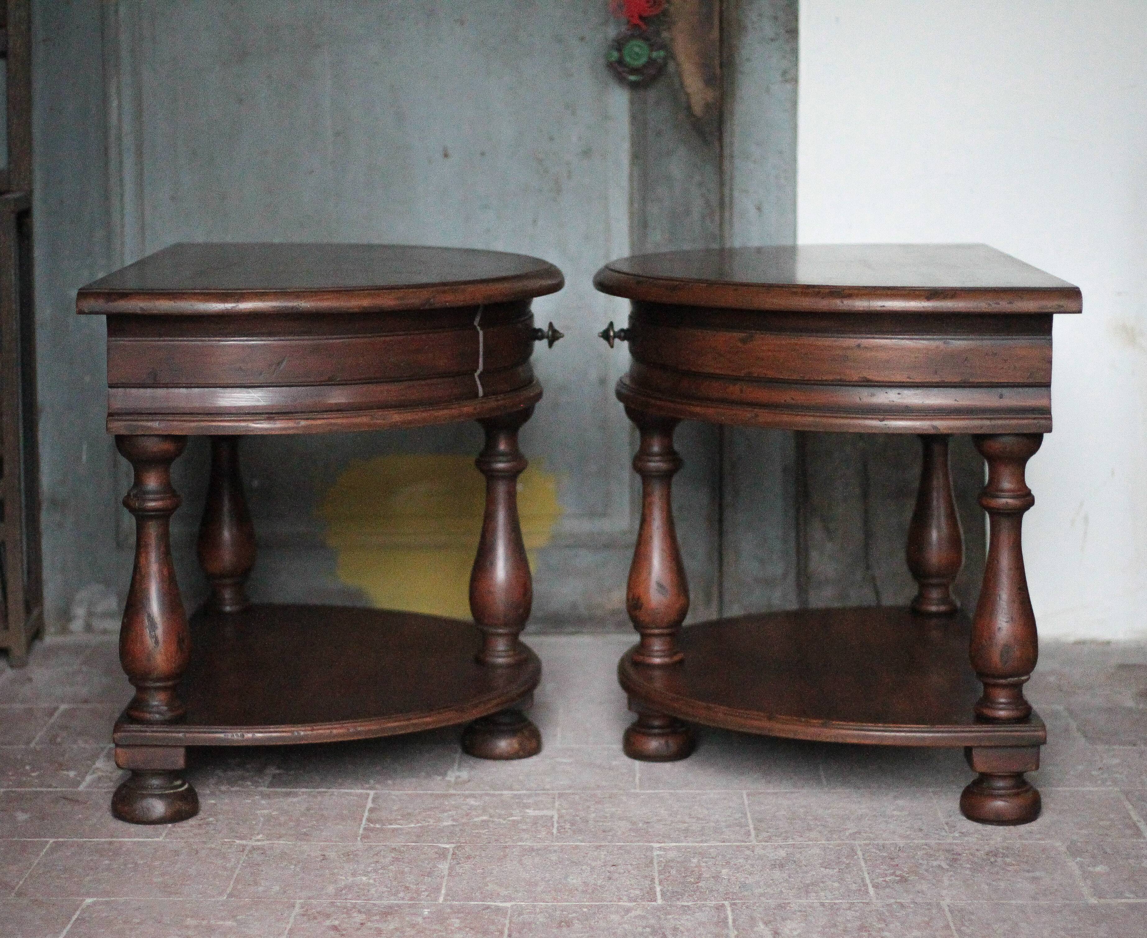 Pair of rounded wooden bedside tables, bedside table, end table.