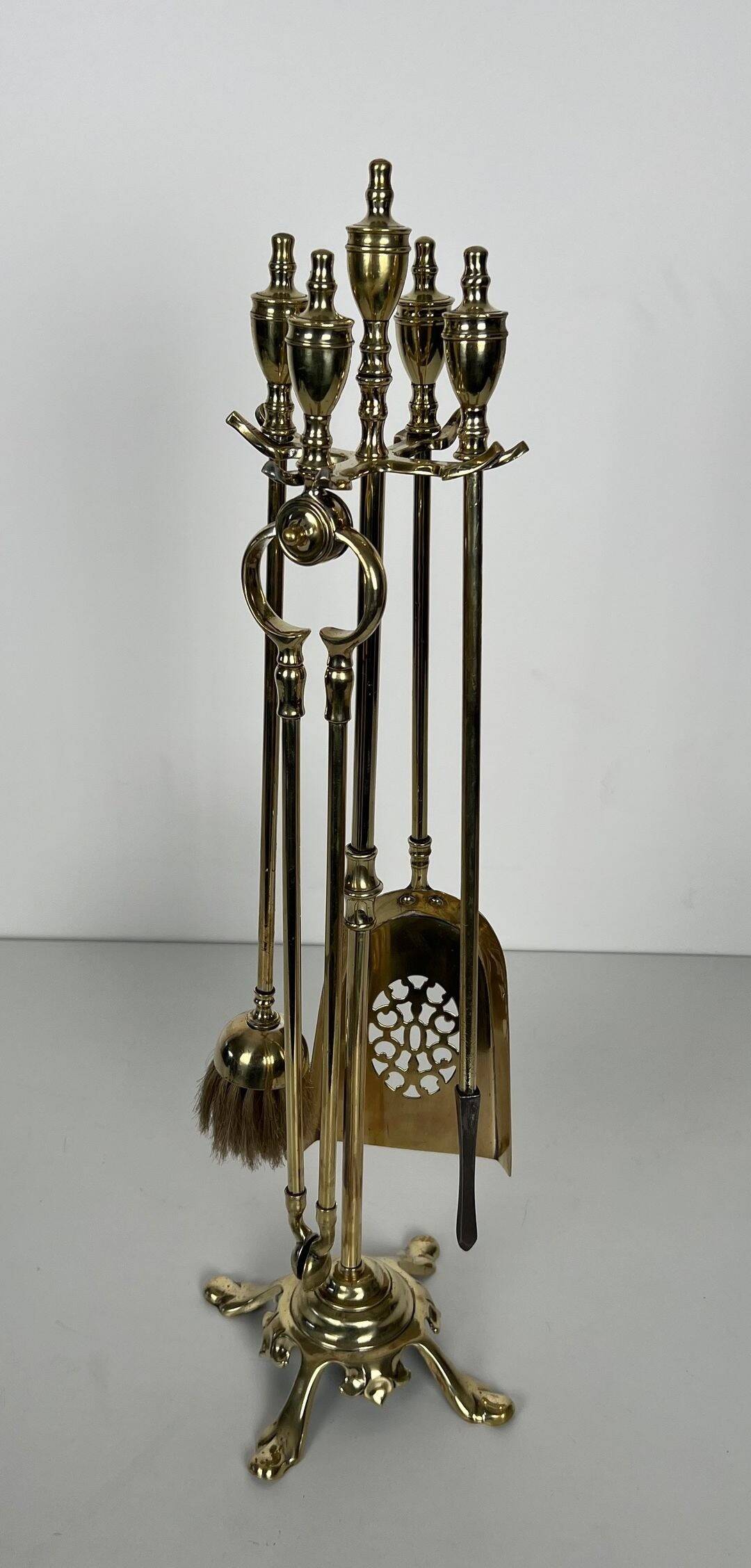 Neoclassical Polished Brass Fire Set with Ring Tools
