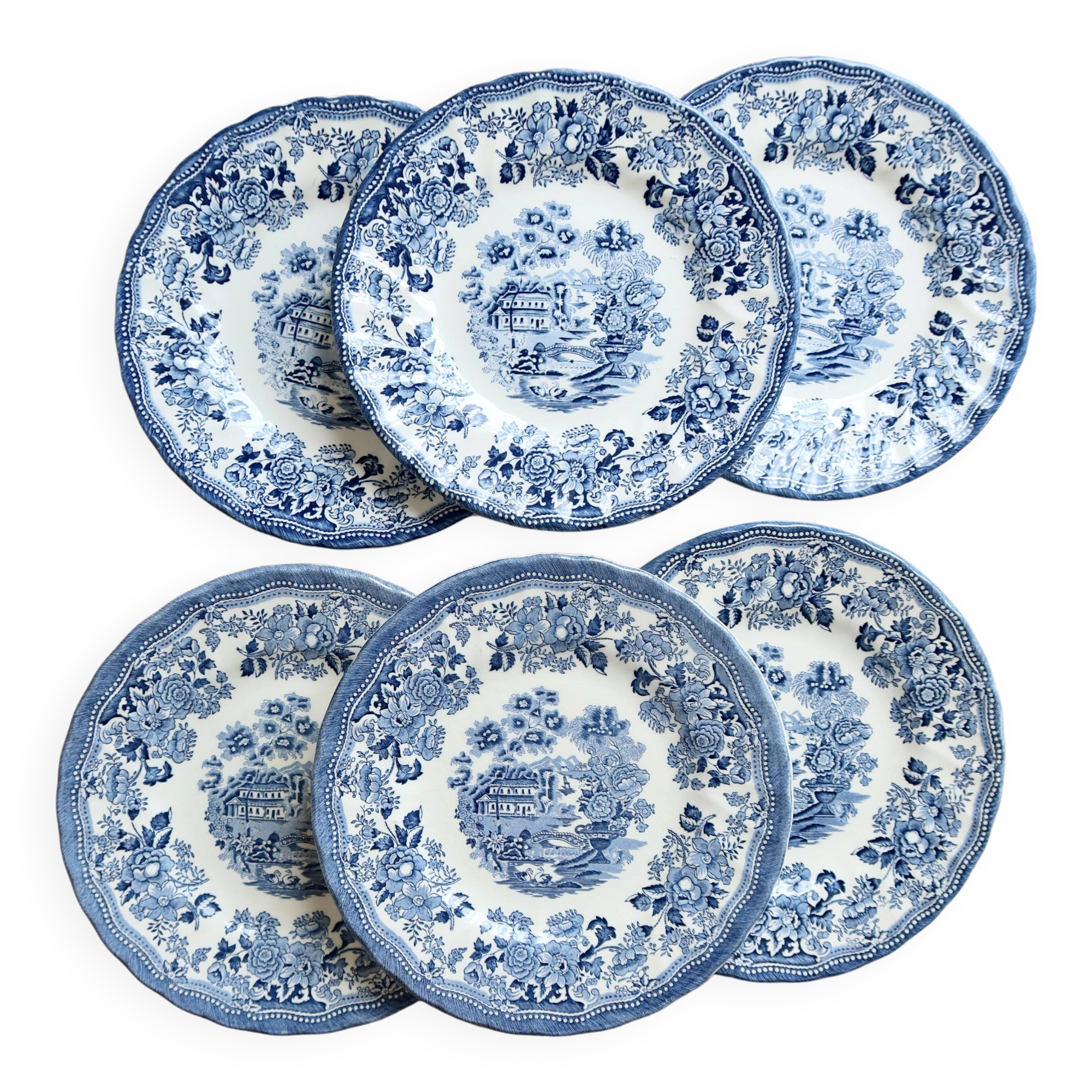 6 English dessert plates by Churchill with a romantic blue design.