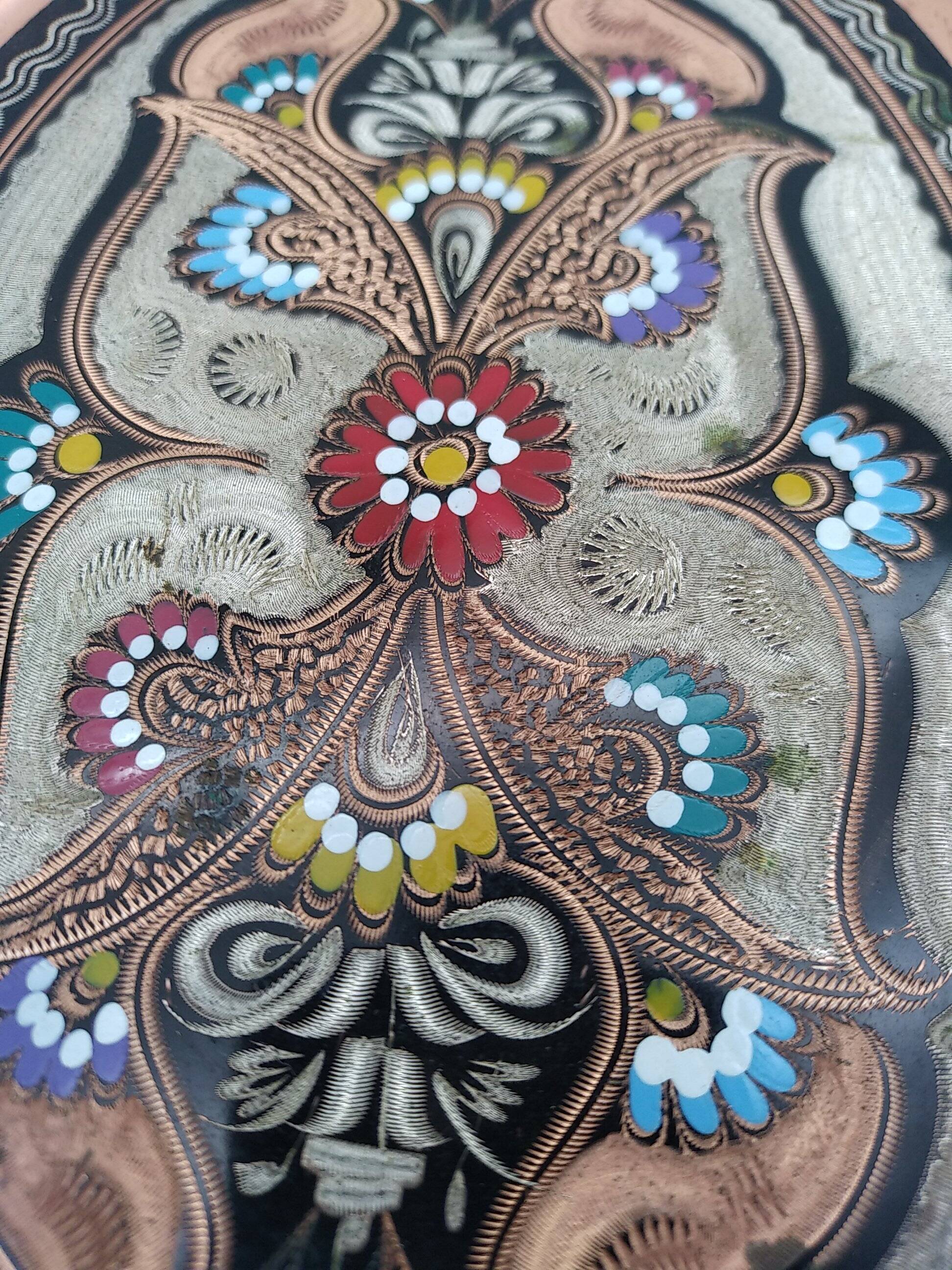 Turkish tea or coffee serving tray in chiseled copper.