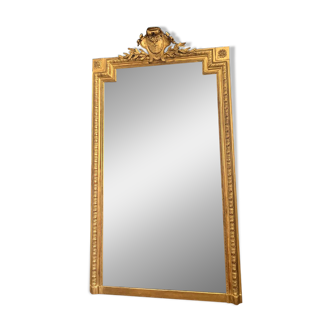 Miroir ancien de cheminée à fronton et perlé 173,5cm/98cm