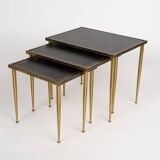 Neo-classical nesting tables in brass and leather - Belgium 1960's
