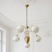 Mid Century Suspension, 5 globes in brass and opal glass, Honsel Leuchten