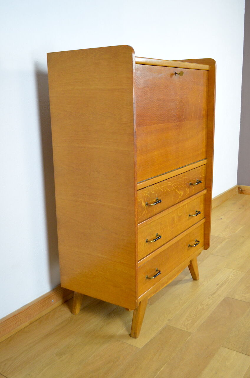 Secrétaire pieds compas & chêne doré vintage 1950