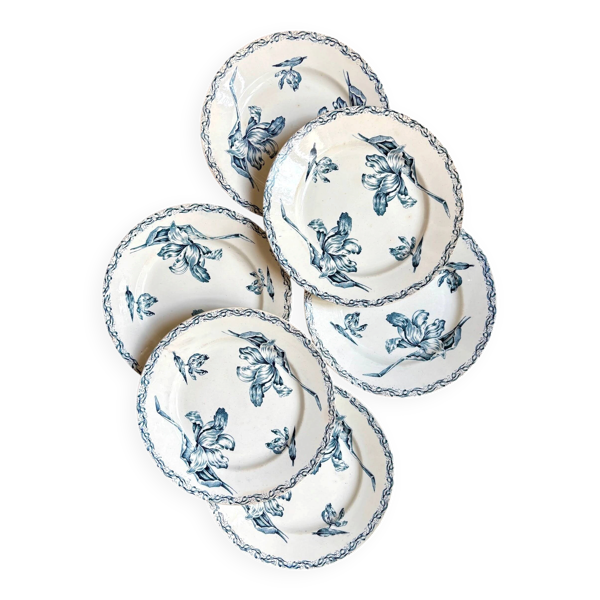 6 assiettes plates Lunéville en terre de fer bleue, service ''Tulipe