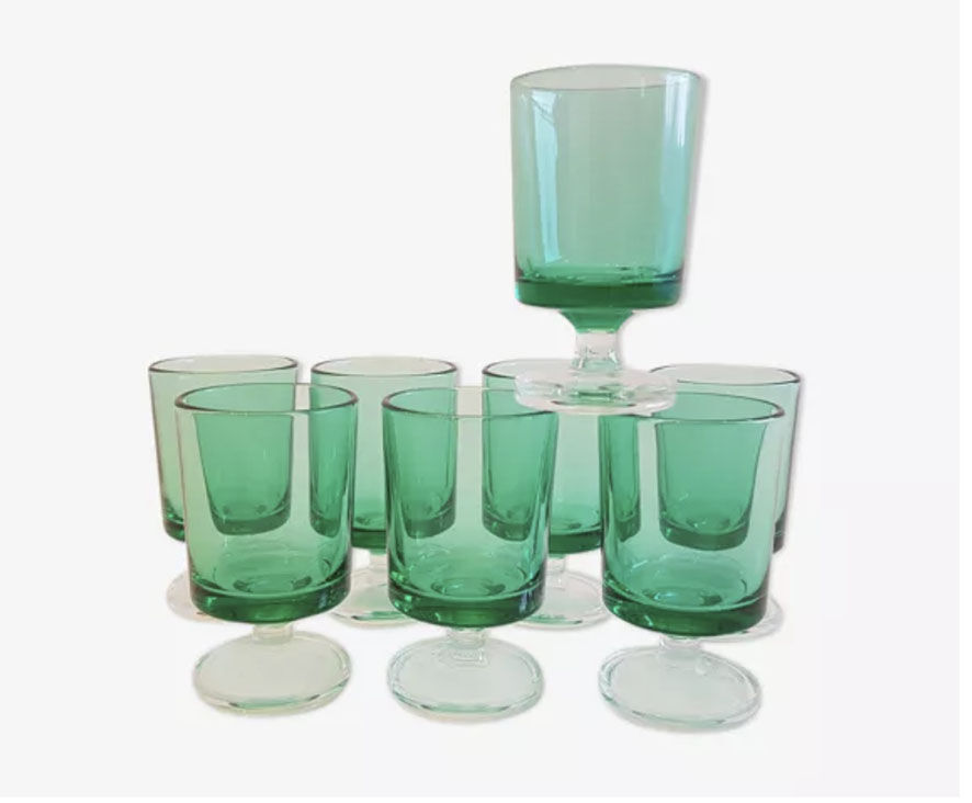 6 Old Luminarc Foot Glasses Light Green H10 cm