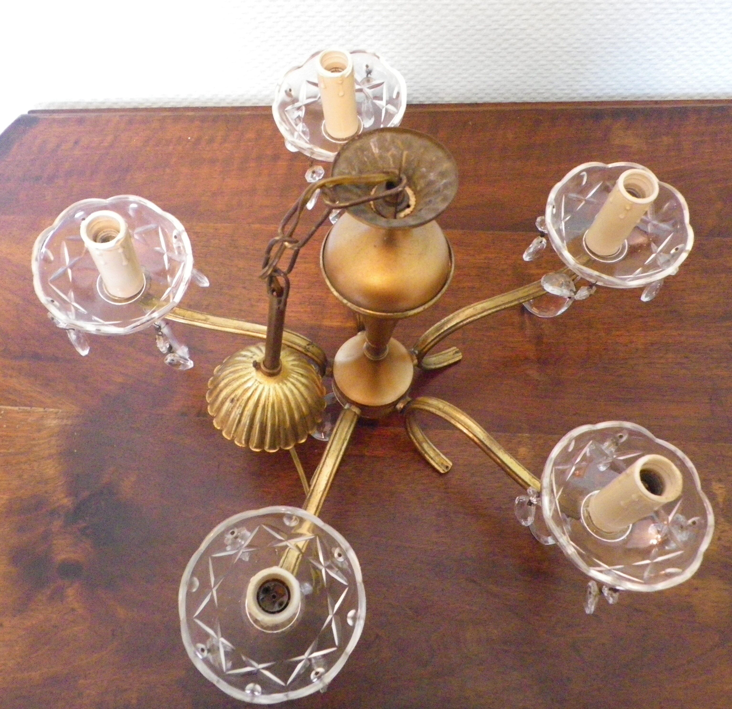 Suspension 5 lights, gold metal, glass cups with glass grapevines