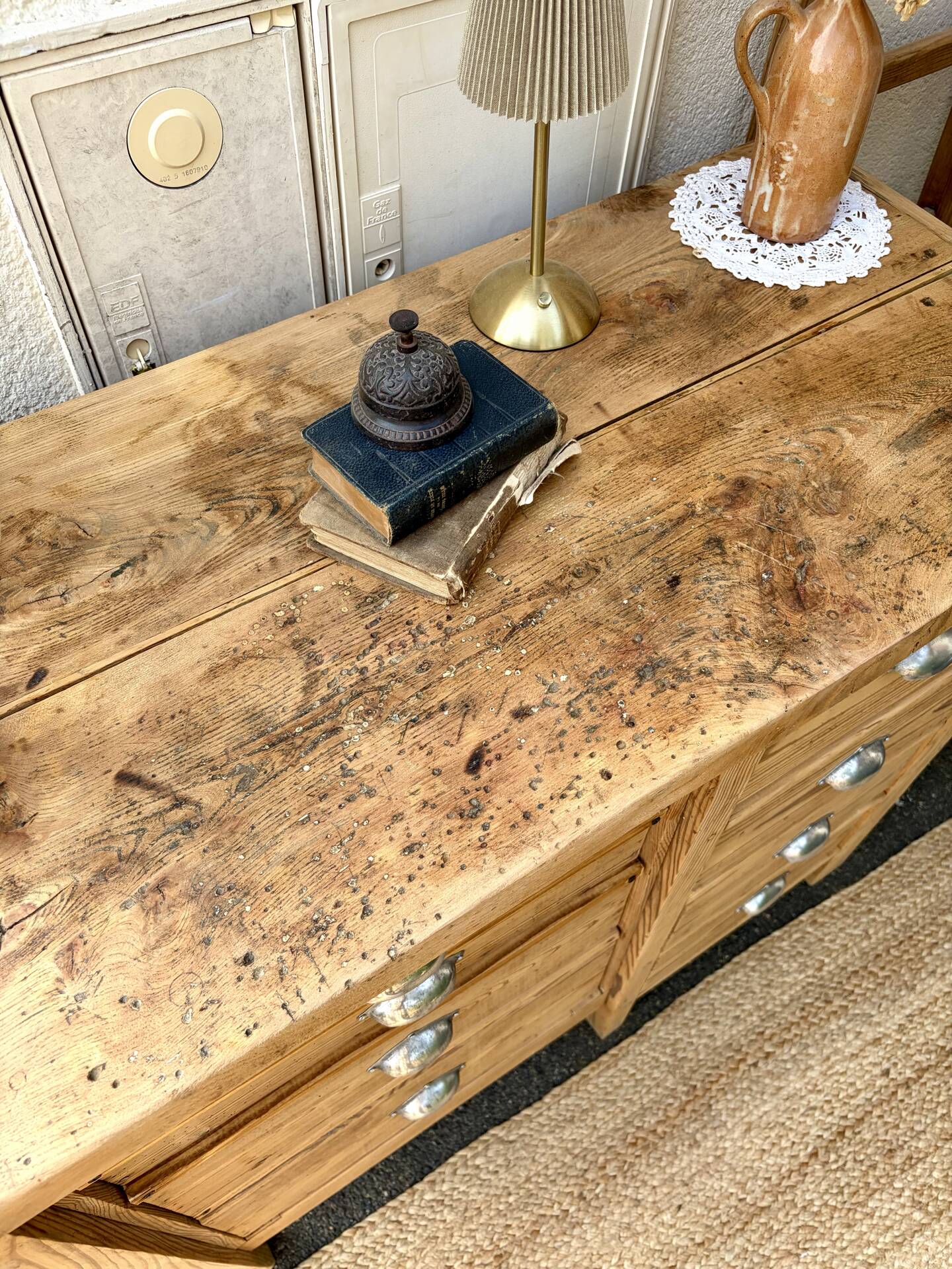 Old wooden workbench with 8 drawers.