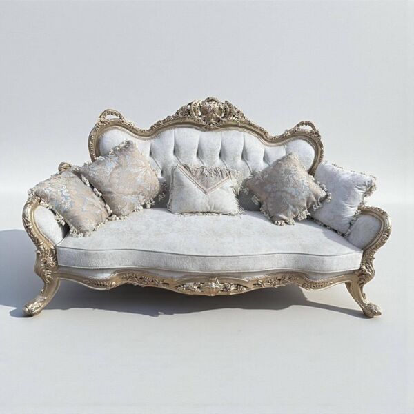 canapé blanc et doré capitonné en bois d'hêtre Style Louis XV