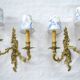 2 brass wall lights with toile de jouy lampshades
