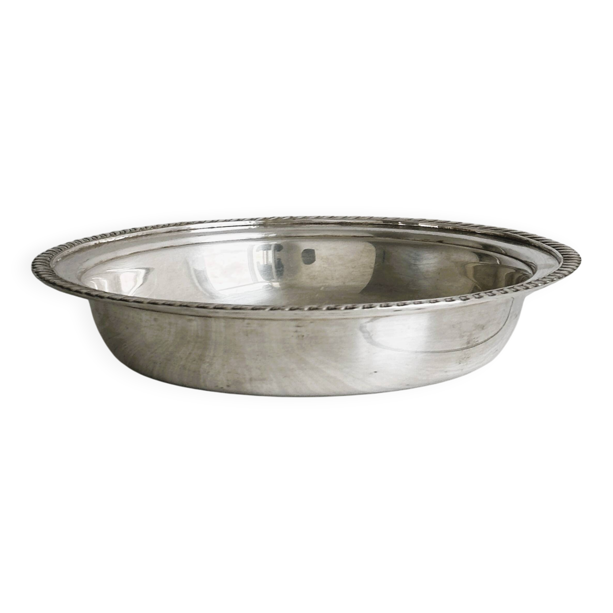 Antique round salad bowl or dish in shiny silver metal