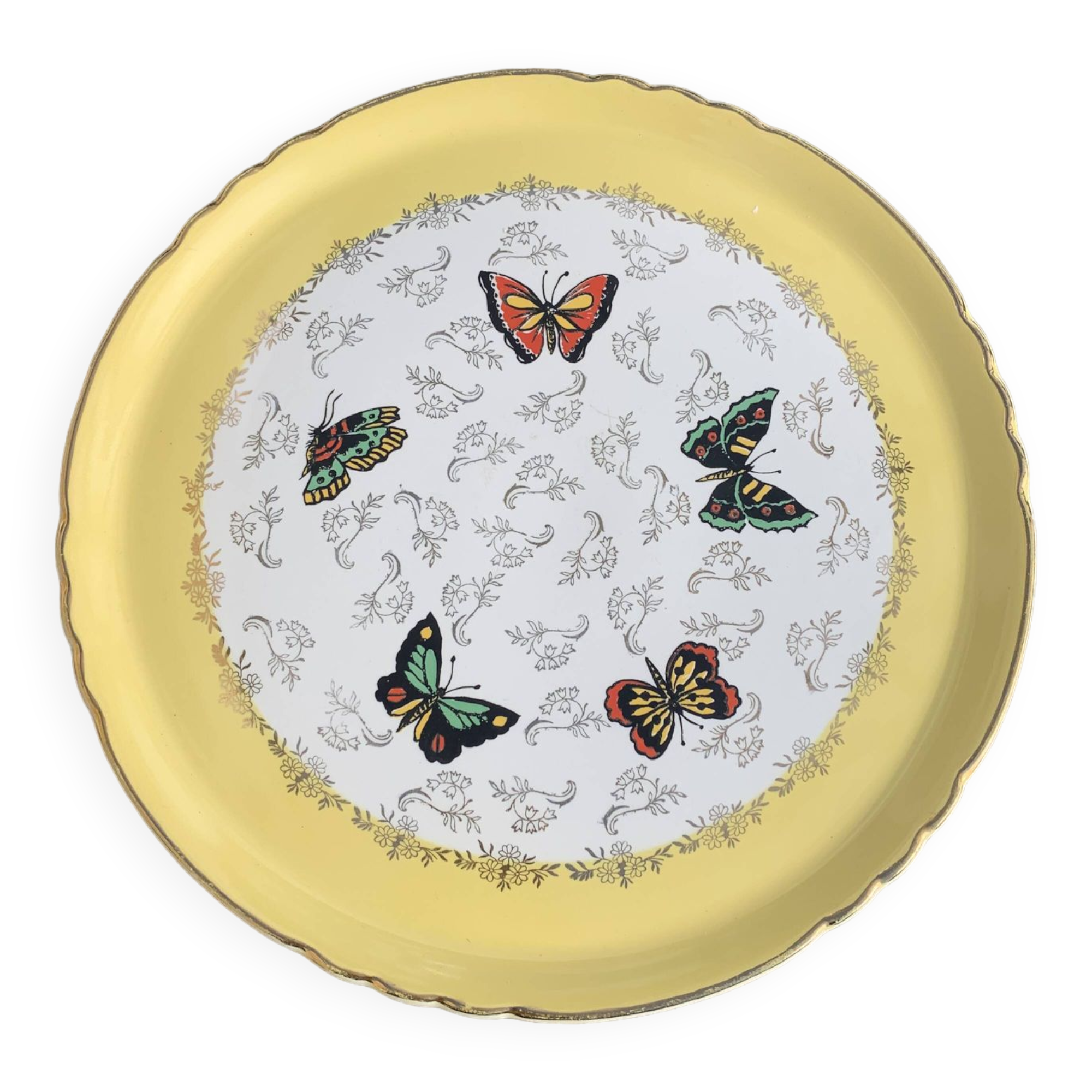 Cake dish, earthenware, yellow with multi-colored butterflies, Moulin des loups, Northern Orchies