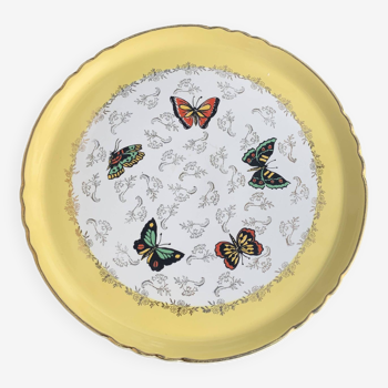 Cake dish, earthenware, yellow with multi-colored butterflies, Moulin des loups, Northern Orchies