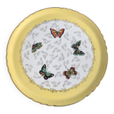 Plat a gateaux, en faïence, jaune avec des papillons muticolores, moulin des loups, orchies nord