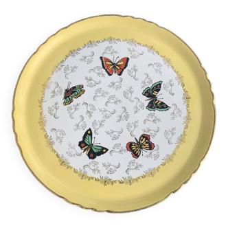 Cake dish, earthenware, yellow with multi-colored butterflies, Moulin des loups, Northern Orchies