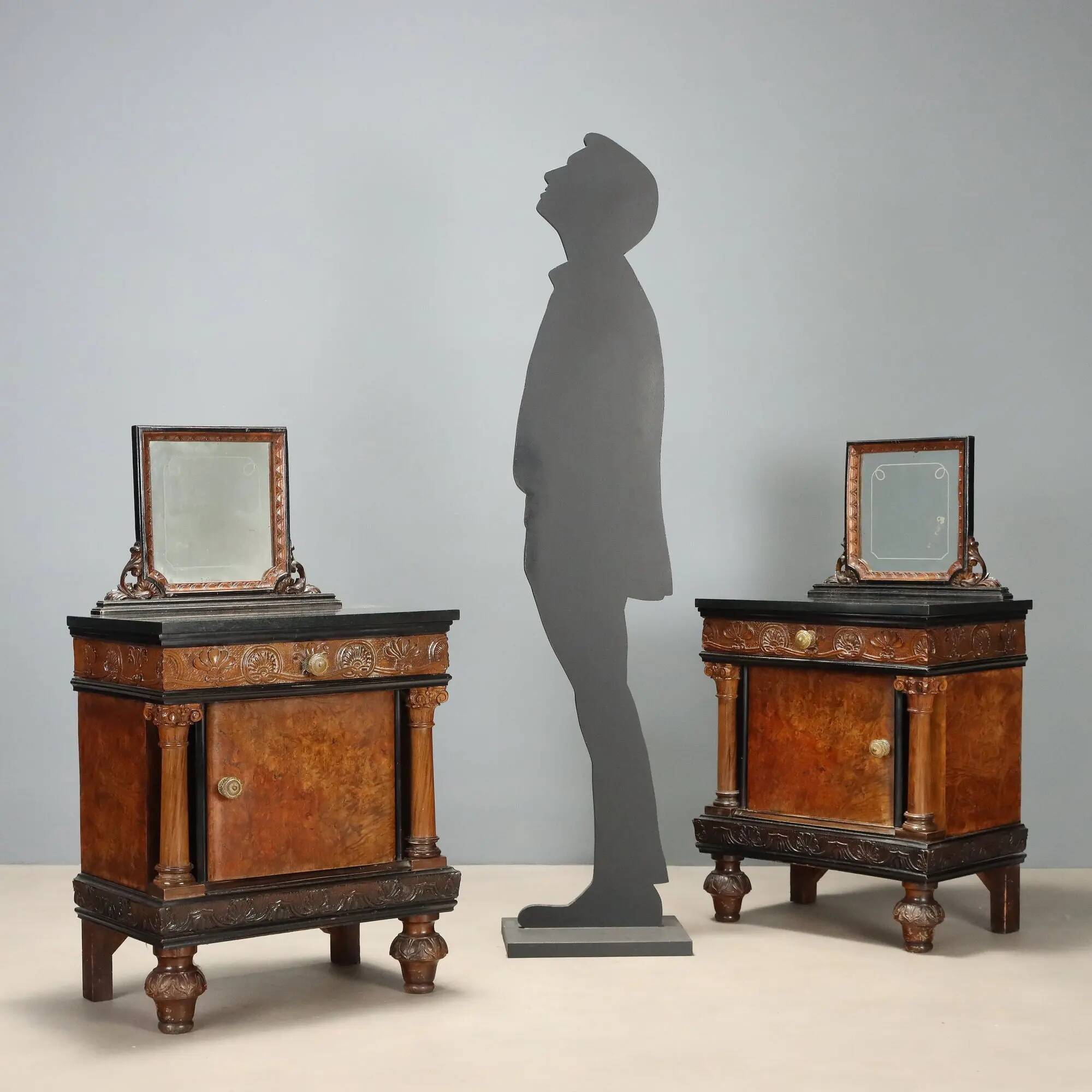 Antique walnut bedside tables with marble and burl, Italy, 20th century.