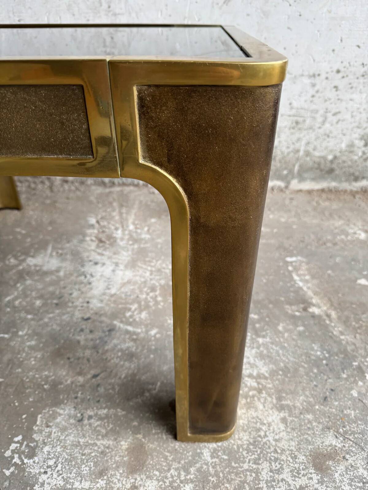 Pair of Gold Bronze Side Tables with Smoked Glass Tops — Solid Bronze, 1970s Belgian Design