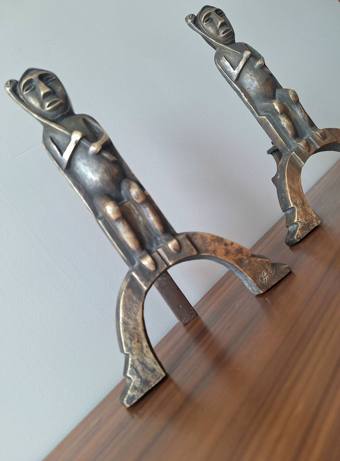 Anton Prinner pair of bronze andirons, Shaman model, statuettes vi