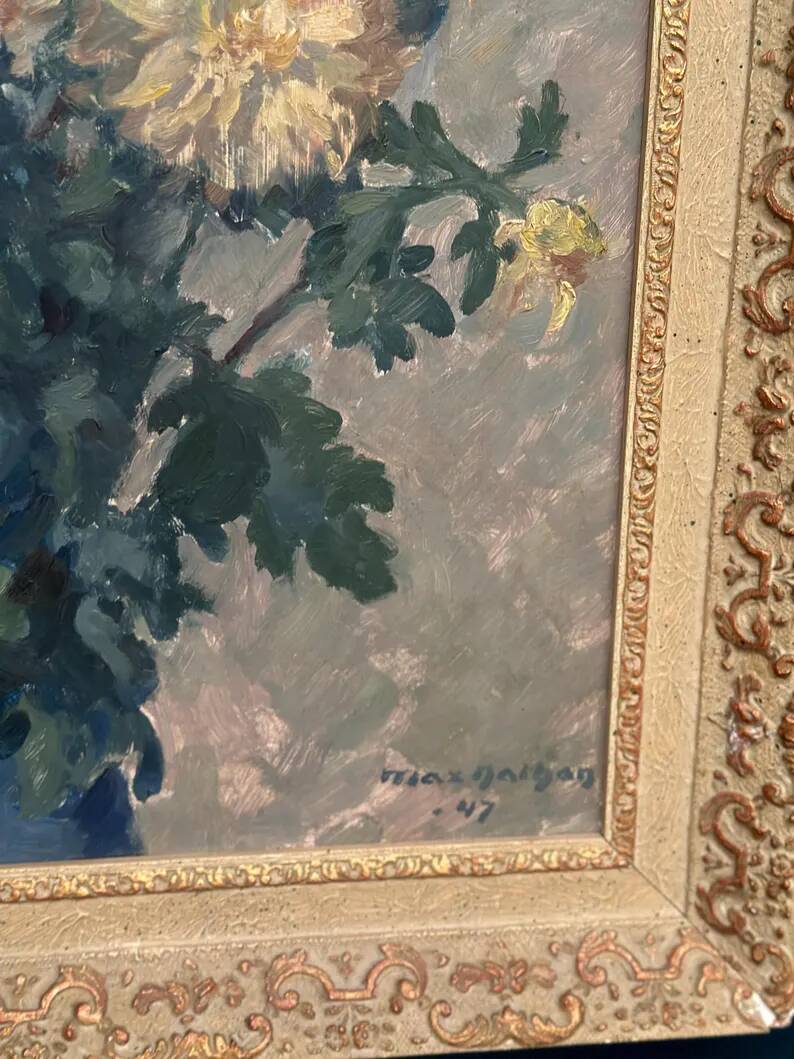 Original Swedish Oil on Panel – “Chrysanthemums” by Max Hellberg – Signed – Vintage & Framed – 68 × 58 cm (26.8" × 22.8")
