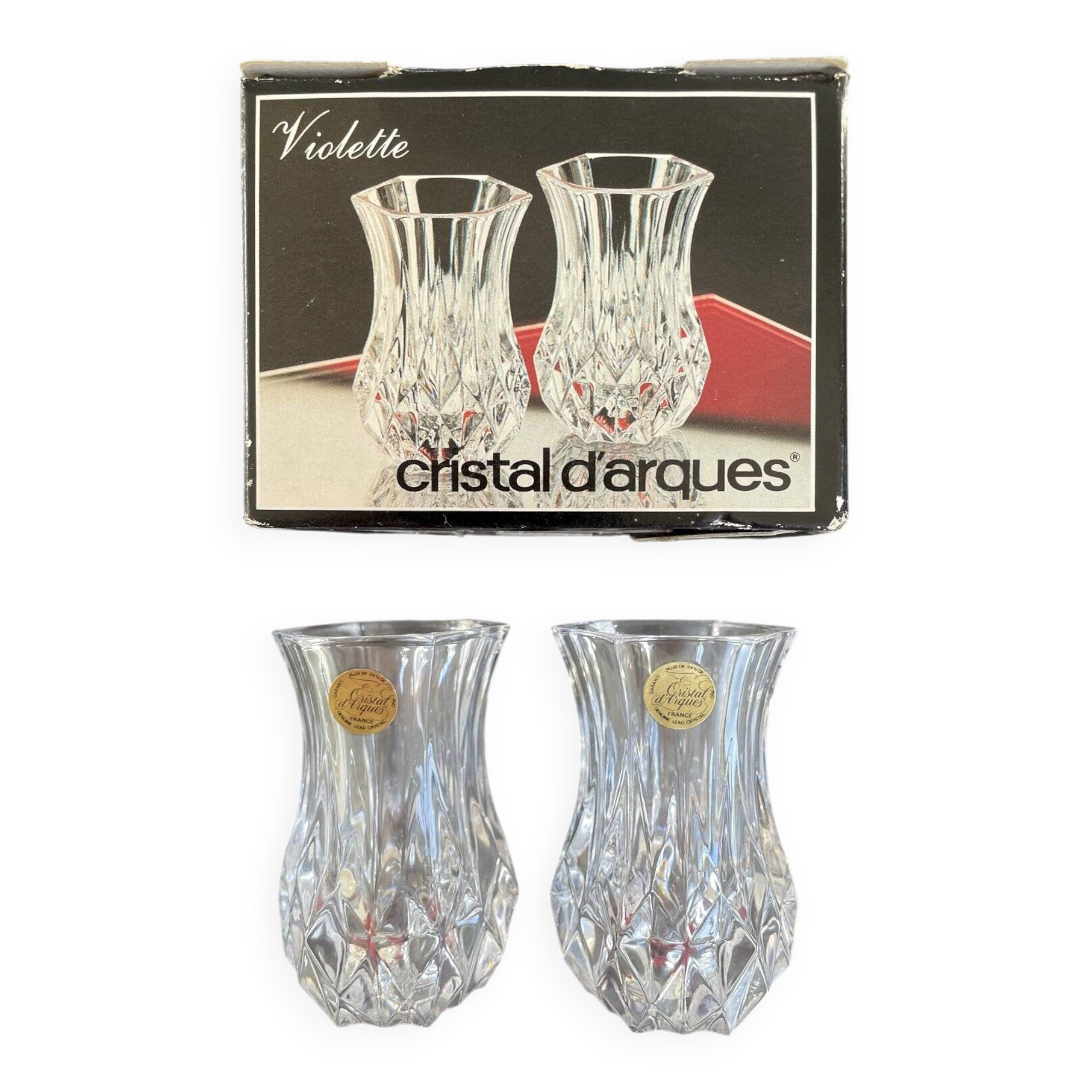 2 Violette Cristal d’Arques vases Height 8 cm and their original box