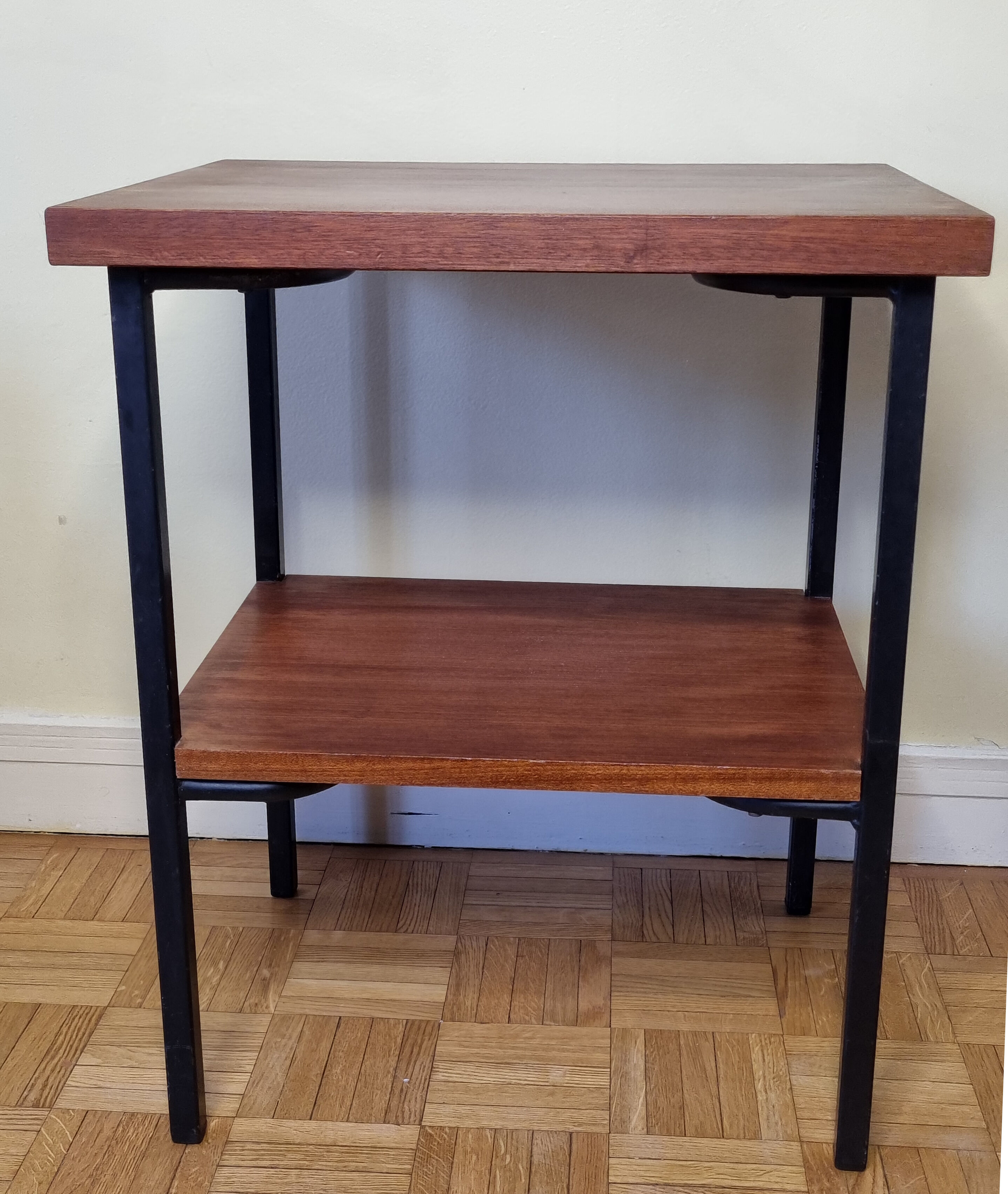 Veneer wood side table and vintage metal structure with two trays