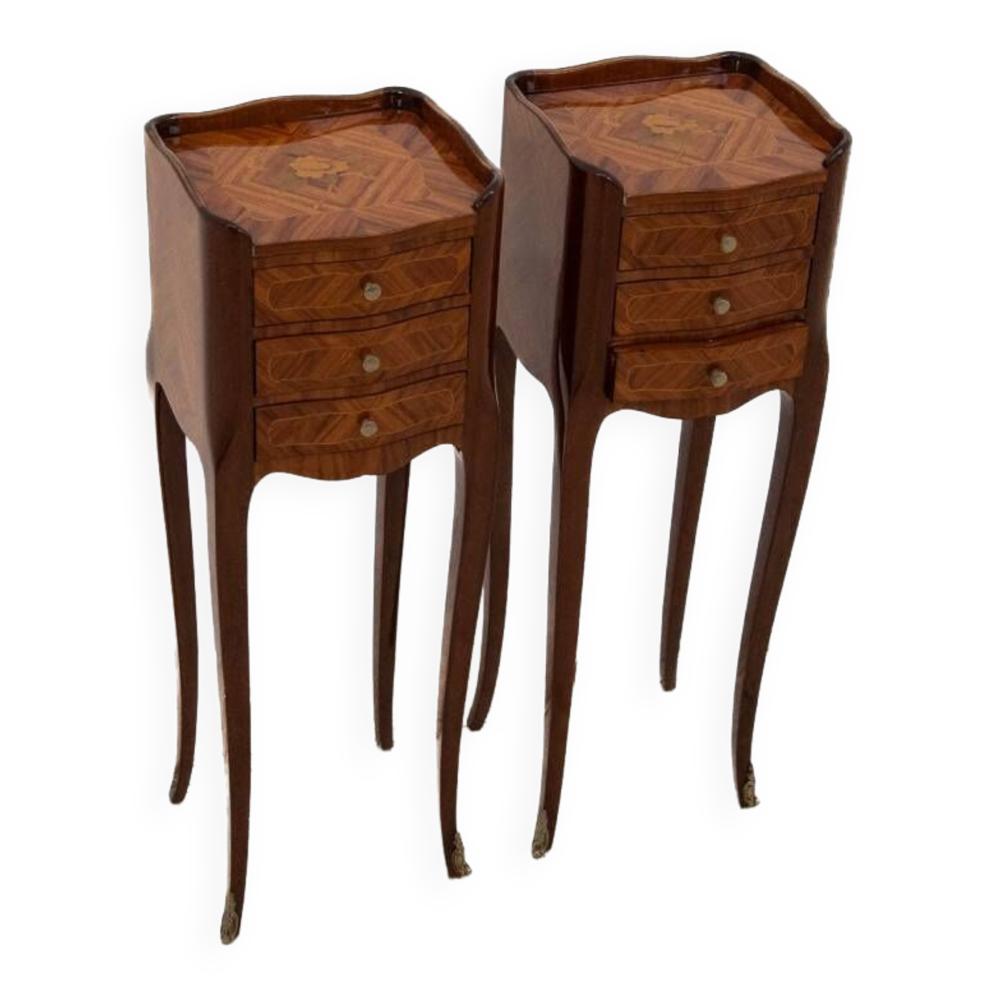 Inlaid bedside tables, Louis XV style, France.
