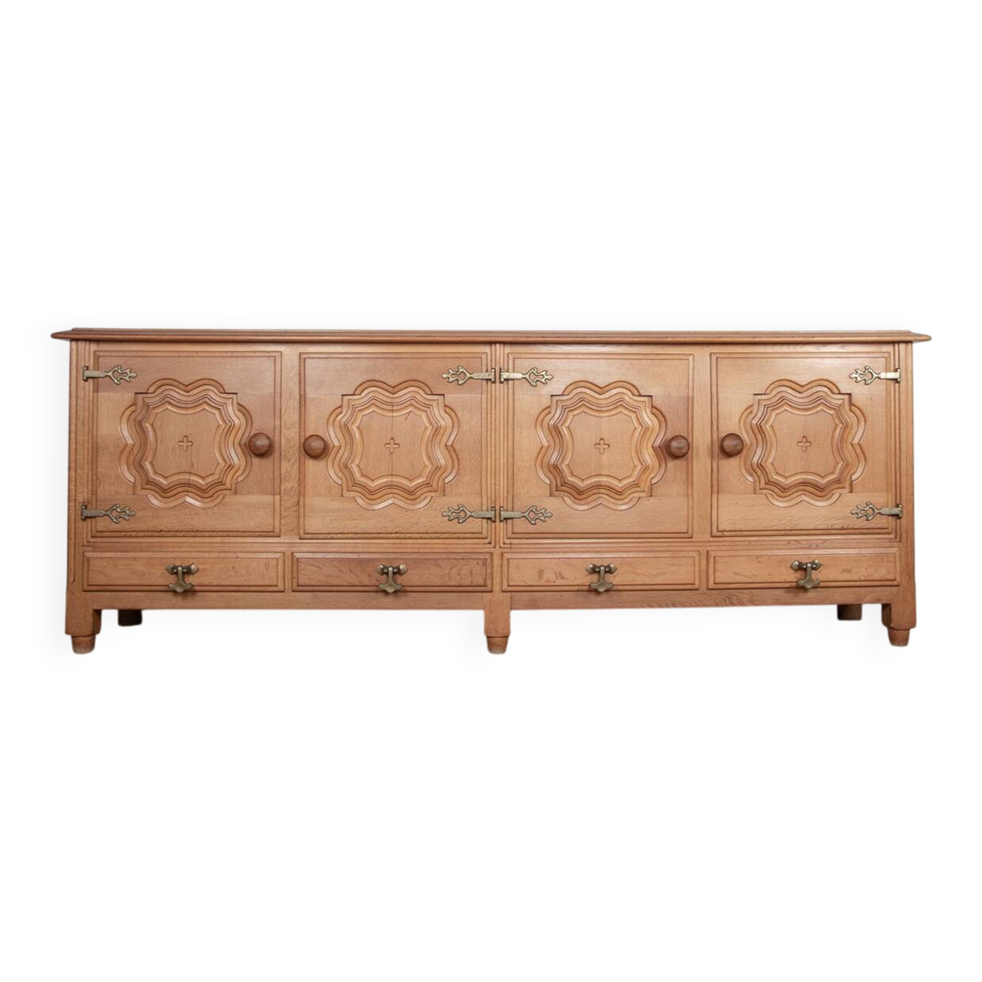 Very large French sideboard in solid oak, Guillerme and Chambron 1960.