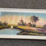 Tableau peinture huile sur toile moulin 102x57cm